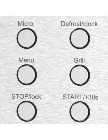 Detalhe dos botões do painel: micro, defrost/clock, menu, grill, stop/lock, start/+30s